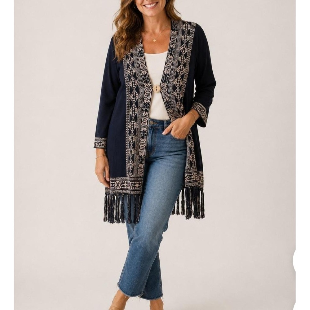 Lucky Brand Womens Navy Black Geometric Fringe Hooded Cardigan Sweater Size M